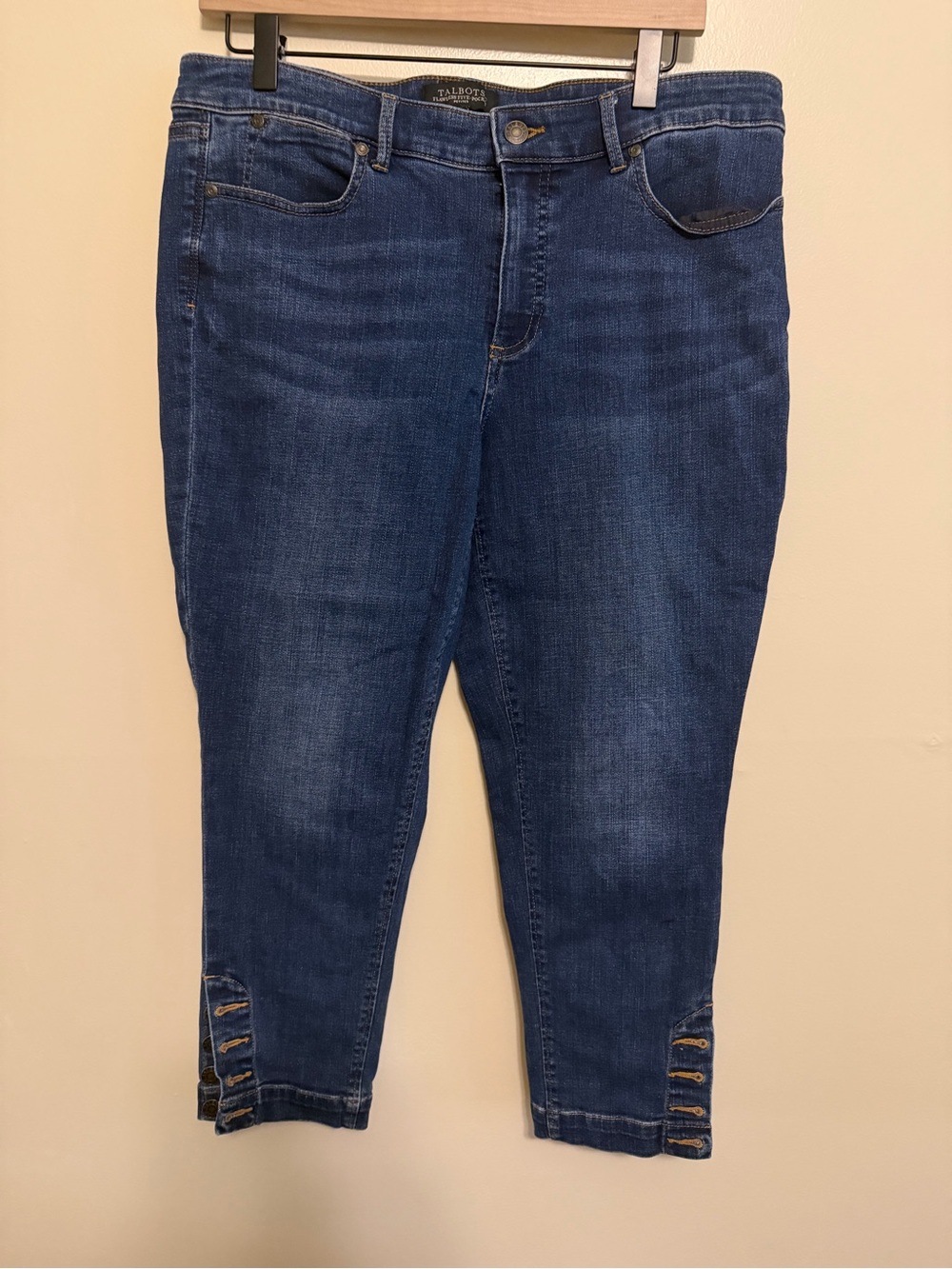 Talbots Mid-Rise Dark Blue Ankle Crop Jeans with Button Tab Hem